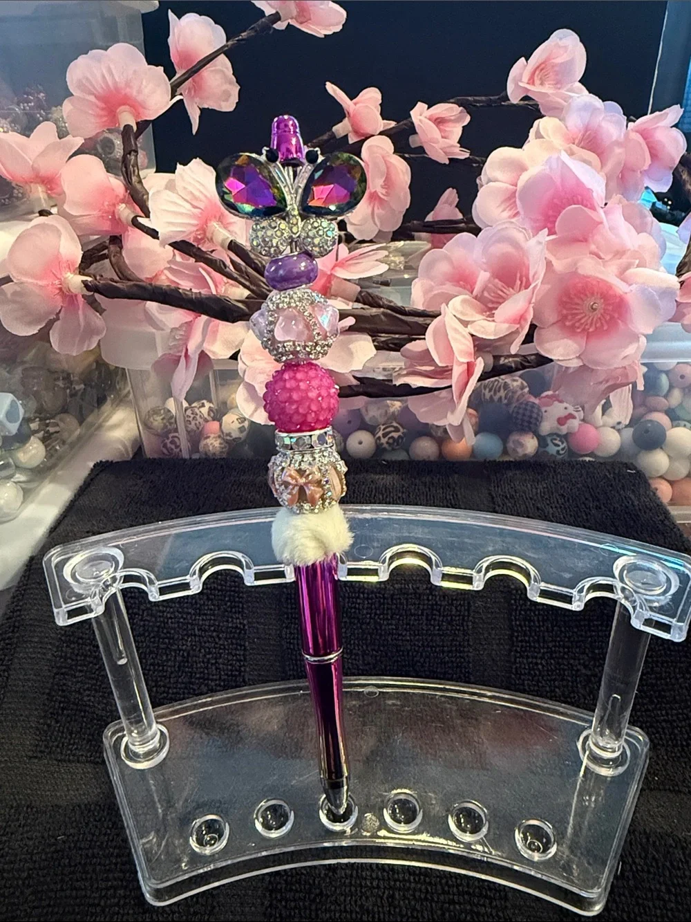 Handcrafted Purple Beaded Butterfly Pen - Decorative Writing Tool